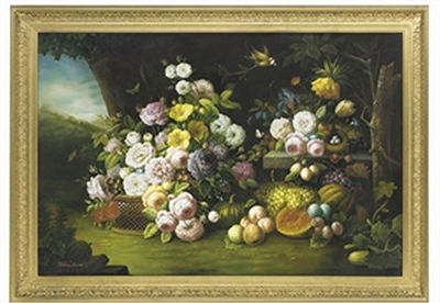 Roses, parrot tulips, plums, pumpkins, and butterflies in a landscape