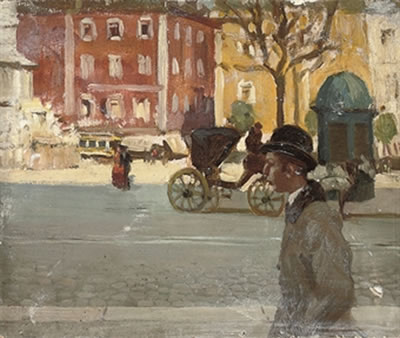 Figures in a city street, possibly Paris