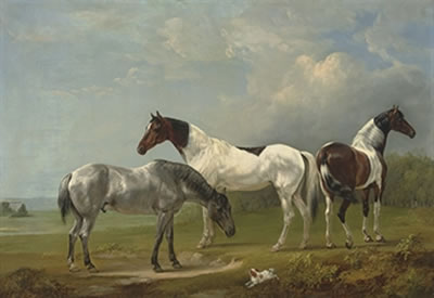 Two Skewbalds, a grey and spaniel in an extensive landscape, a country house beyond by Edmund Bristow - Auction record, sale price, and art valuation. Compare with similar artists and explore comparable artworks.