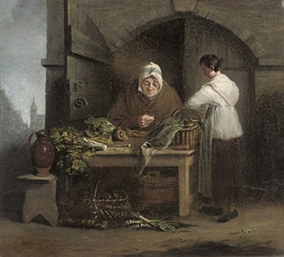 An old woman at a table of vegetables with a maid, in a doorway