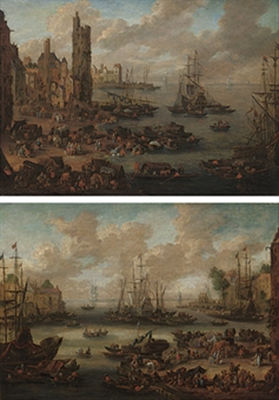 A capriccio of a Mediterranean port with figures in the foreground; and A capriccio of a Mediterranean port with merchants unloading their goods (a pair)