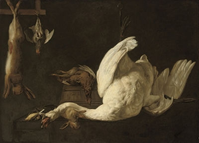 A still life of a swan suspended from a hook, a hare, a grey partridge, a pheasant on a barrel and a rabbit and song birds on a stone ledge