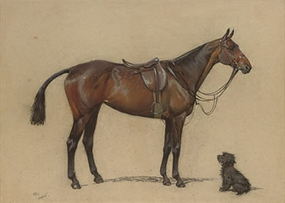 A saddled bay hunter and a terrier companion