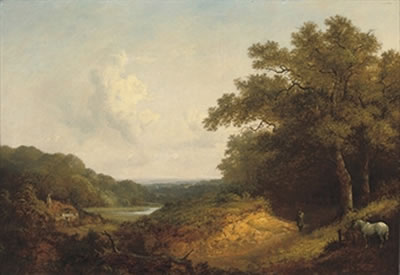 Figure with a pony by a track in an extensive wooded landscape, near Guildford by John Dearman - Auction record, sale price, and art valuation. Compare with similar artists and explore comparable artworks.