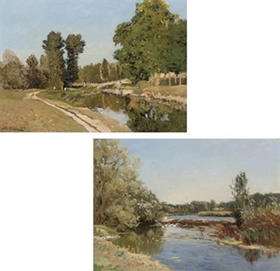 At the weir; and Angling on the river bank (a pair)