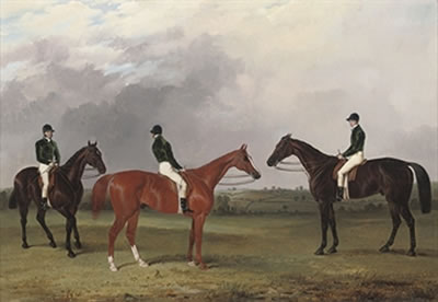 A chestnut and two bay racehorses belonging to John Bowes with jockeys up