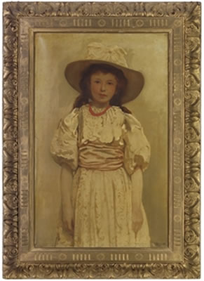 Portrait of a girl, three-quarter-length, in a yellow dress, yellow hat and red necklace
