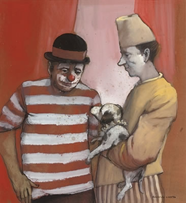 Two clowns with a puppy