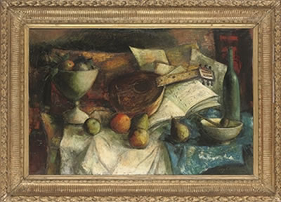 A bowl of fruit, mandolin, sheets of music and a pipe on a draped table