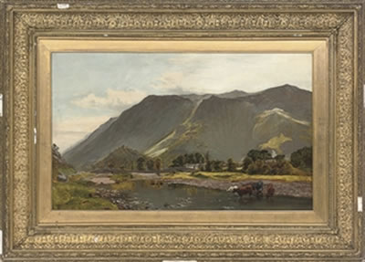 Cattle watering from a river, a village beyond