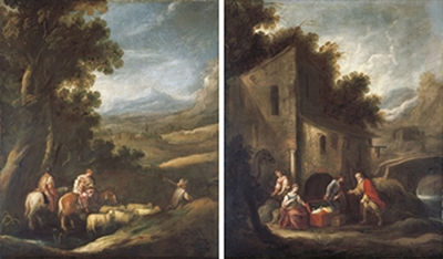 Jacob and his household journeying to meet Esau; and Laban searching for the images of Jacob as secreted by Rachel