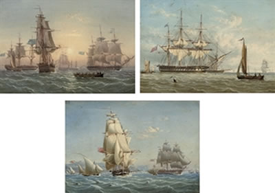 Royal Navy frigate and a two-decker under sail off Cadiz, with Spanish xebecs nearby; A Squadron of the Blue at a rendezvous offshore; and A large Royal Navy frigate coming to anchor at Spithead (3)