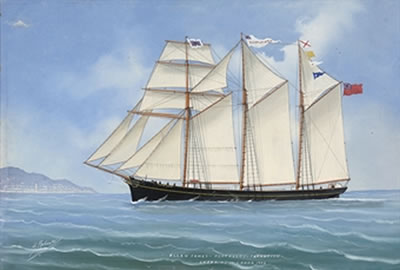 The three-masted topsail schooner Ellen James calling for a pilot off Genoa; and The Ellen James in stormy waters; a pair (2)