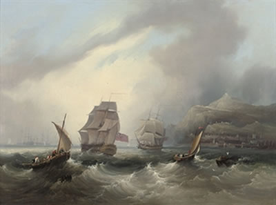 A Royal Naval two-decker and a frigate off Gibraltar