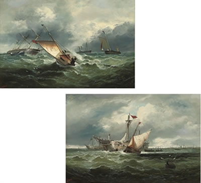 A pilot cutter sailing out to meet a three-master; and Hulks in the Medway; a pair (2)