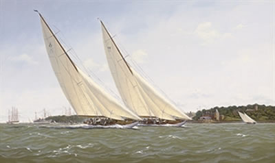 Shamrock V and Candida racing off the Royal Yacht Squadron's home at Cowes