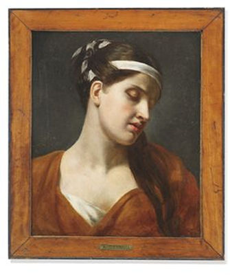 Portrait of a young woman, bust-length, in a brown wrap, a white ribbon through her hair by Achille Deveria - Auction record, sale price, and art valuation. Compare with similar artists and explore comparable artworks.