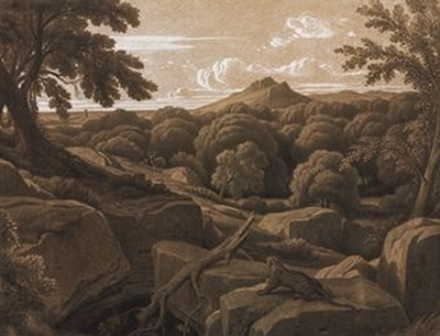 A jaguar stalking deer in a wooded mountain landscape by Theodore Caruelle d'Aligny - Auction record, sale price, and art valuation. Compare with similar artists and explore comparable artworks.