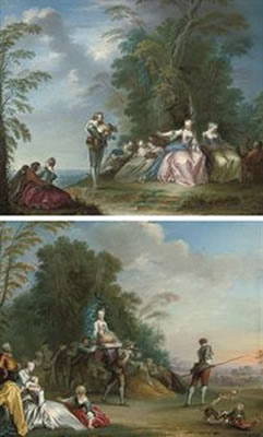 Figures at rest on a wooded summit, with a shepherd presenting a festooned lamb to a shepherdess; and A shepherdess and festooned lamb carried in a rustic palanquin, elegant company observing, in a wooded landscape (2)