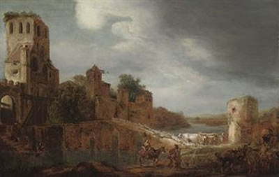A river landscape with a shepherd driving his flock over a bridge, a fortified town beyond
