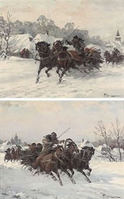 Troicas racing through the snow; and another similar (a pair) by Wladyslaw T Chmielinski - Auction record, sale price, and art valuation. Compare with similar artists and explore comparable artworks.