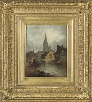A fishing boat moored by a bridge; and A bustling town centre, a church beyond