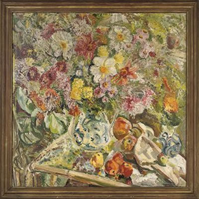 Summer blooms in a blue and white jug with fruit to the side, on a table by Eduard Borregaard - Auction record, sale price, and art valuation. Compare with similar artists and explore comparable artworks.