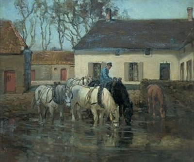 Horses drinking in front of a farmhouse