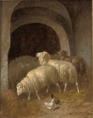 Sheep and chickens in a barn; and Return to the barn (a pair) by Adolf D Nowey - Auction record, sale price, and art valuation. Compare with similar artists and explore comparable artworks.