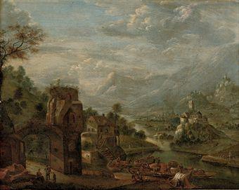 An extensive river landscape with merchants unloading their cargo on a quay, mountains beyond