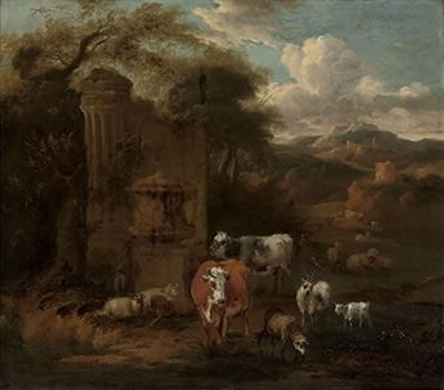 An extensive mountainous landscape with a herd of cattle, sheep and goats at water, by classical ruins, a hilltop tower and fortress beyond