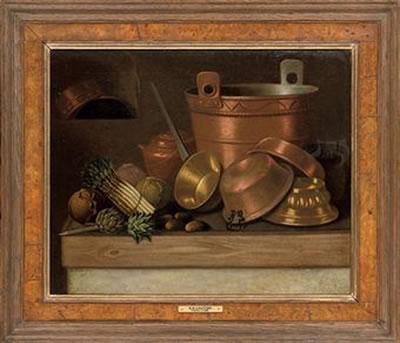 Asparagus, cabbage, artichoke and pots on a table; and A basket of assorted vegetables and pots on a shelf