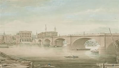 View on the Thames looking north, before London Bridge, with a view of the Fishmongers' Hall and Monument