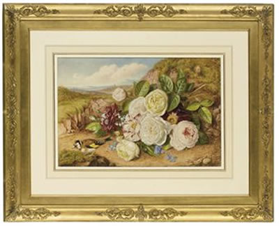 A still life of roses and a chaffinch in a landscape