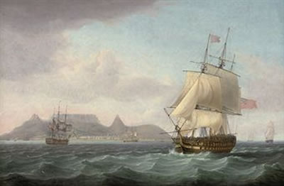 View of Cape Town, Table Bay, Cape of Good Hope, with a seventy-four gun ship lying-to for convoy