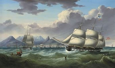 The merchantman Duke of Lancaster flying her recognition flags as she arrives in Table Bay, Cape Town, with another merchantman Royal Saxon outward-bound off her starboard bow