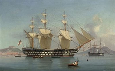 H.M.S. Neptune funnel down and drying her sails off Naples, with the city's waterfront visible off her stern by Tommaso De Simone - Auction record, sale price, and art valuation. Compare with similar artists and explore comparable artworks.