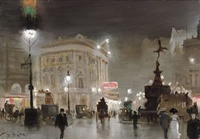 Piccadilly Circus at night by George Hyde Pownall - Auction record, sale price, and art valuation. Compare with similar artists and explore comparable artworks.