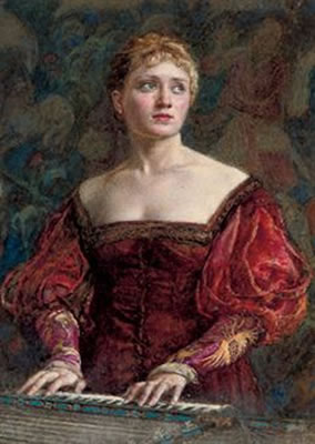 Young lady in Renaissance-style dress at a harpsichord