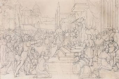 Pope Eugenius III blessing the arms of Duke Amadeo III of Savoy before the latter's departure on crusade