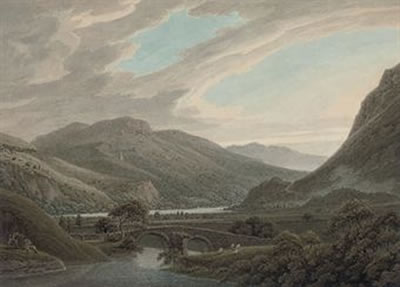 View of Ullswater with Place Fell to the right and the bridge over Goldrill Beck in the foreground, Lake District