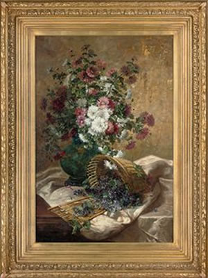 Chrysanthemums in a vase by a basket of violets on a draped table