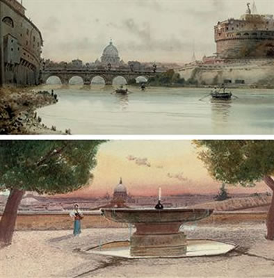 The Castel Sant Angelo, Rome; and The fountain at the Villa Borgese by Federico Schianchi - Auction record, sale price, and art valuation. Compare with similar artists and explore comparable artworks.