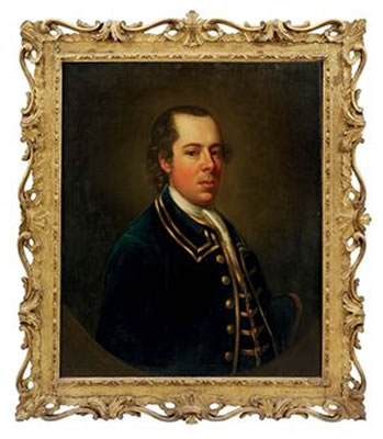 Portrait of Samuel Cook, (b. 1722), bust-length, in a blue coat, a tricorn hat under his left arm, in a feigned oval