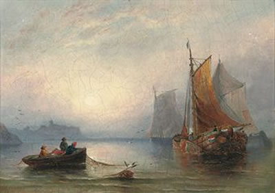 Fishing boats in an offshore calm at dusk, with fishermen pulling in their nets in the foreground; and A fishing vessel running against wind and tide off Whitby (a pair) by Joseph Newington Carter - Auction record, sale price, and art valuation. Compare with similar artists and explore comparable artworks.