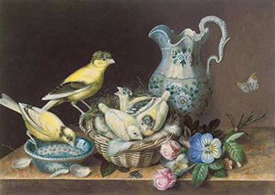 STILL LIFE OF TWO CANARIES, A NEST OF CHICKS, A BUTTERFLY, FLOWERS AND A JUG