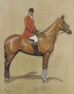Portrait of Cecil Charles Windsor Aldin: Self portrait on a chestnut hunter