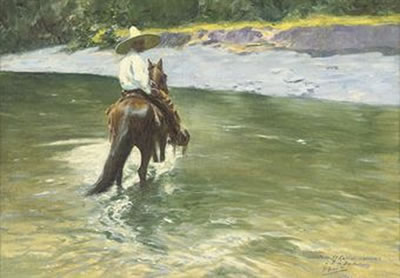 A Mexican riding a cross a river