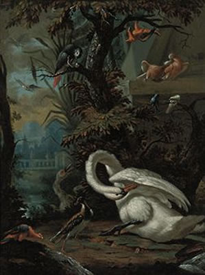 Swans, doves, macaws, an African grey parrot and other birds in a landscape
