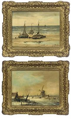 Unloading the catch; and Skaters by a windmill; a pair (2)